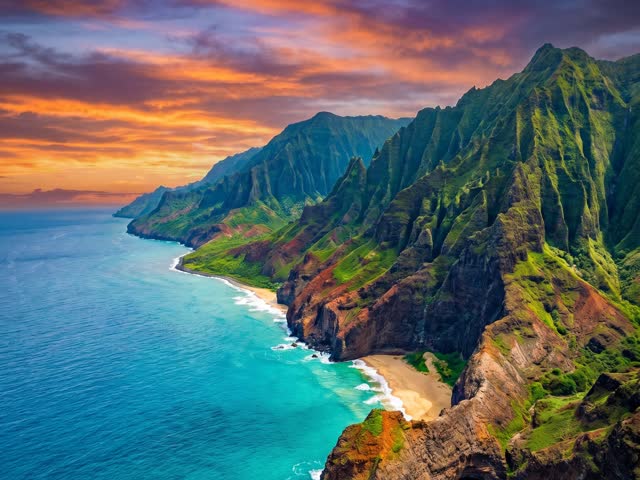 Côte turquoise et falaises verdoyantes au coucher du soleil — chaîne 4K Travel