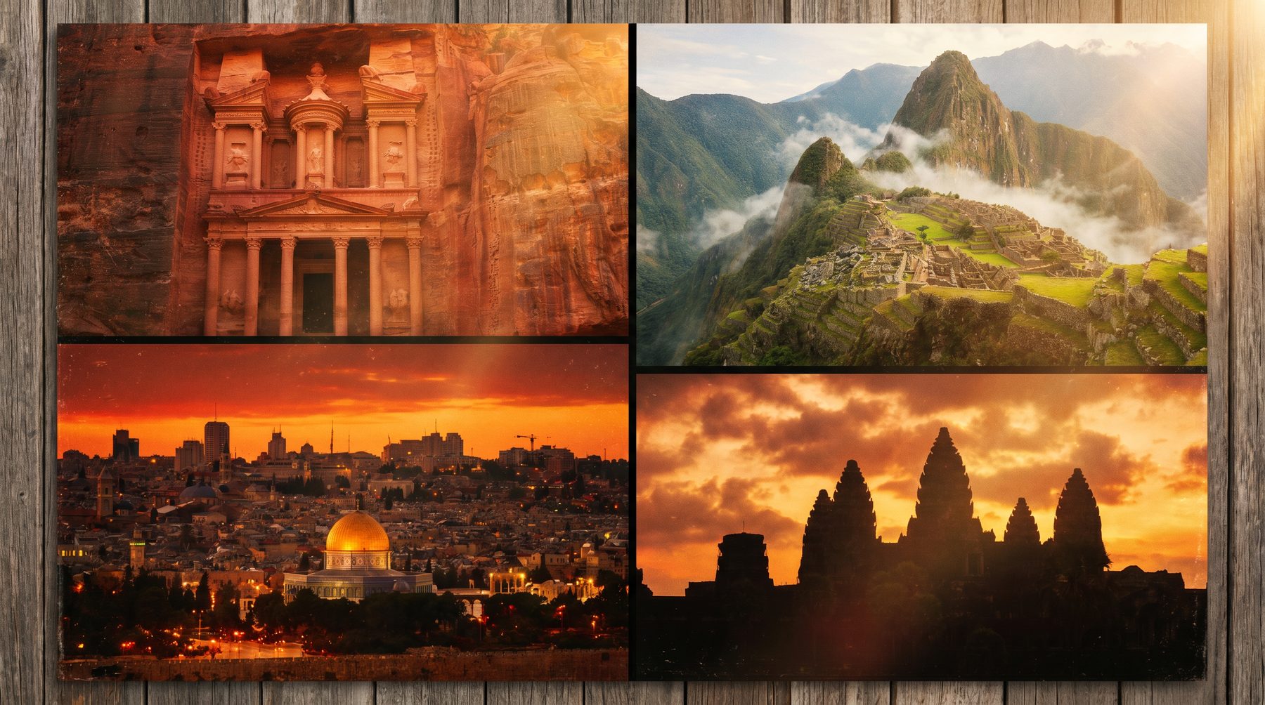 Collage de merveilles du monde filmées par VISIOTEL : Pétra, Machu Picchu, Jérusalem, Angkor Wat
