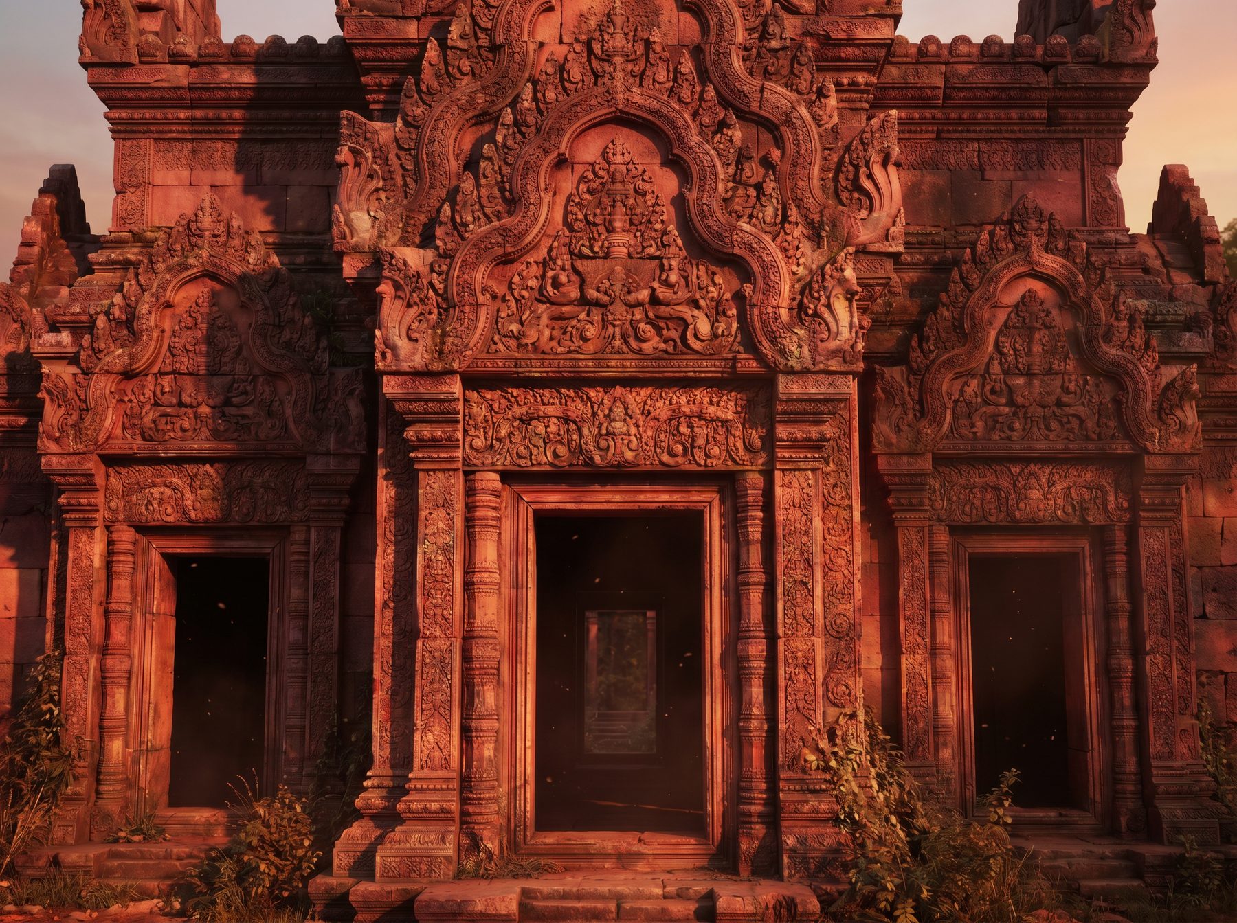 Façade en pierre sculptée d'un temple du patrimoine mondial